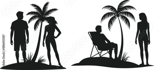 Beach couple silhouettes under palm trees, relaxing tropical island vacation scene, summer leisure travel lifestyle concept, black vector illustration