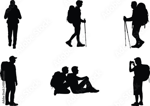 Backpackers silhouette set in hiking poses, trekking travelers with backpacks and walking sticks, outdoor adventure journey concept, travel exploration vector illustration
