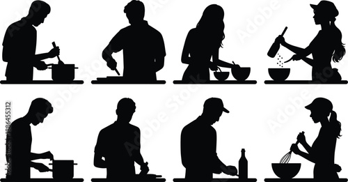Cooking people silhouettes set showing men and women chopping, stirring, mixing ingredients, seasoning food, home kitchen activities, minimalist black vector illustration collection