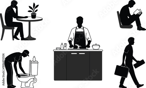 Daily life human activity silhouettes showing eating, reading, cooking in kitchen, cleaning bathroom, walking with briefcase, modern black vector illustration set