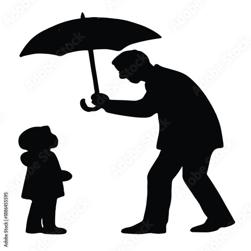 Father holding umbrella for his child, a touching illustration of protection, care, and the bond of parenting  isolated white background