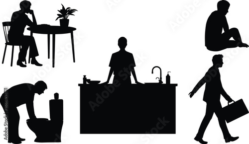 Daily life human activity silhouettes showing working at table, relaxing, kitchen sink tasks, bathroom cleaning, walking with briefcase, minimalist black vector illustration