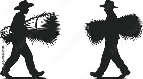 Farmers carrying harvested hay bundles, rural agricultural workers silhouettes walking with straw sheaves, black vector illustration for traditional farming and harvest concepts