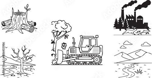 Deforestation and pollution illustrations: a visual concept of environmental issues