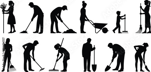 Garden cleaning and maintenance silhouettes set, men women and child working outdoors with rakes shovels wheelbarrow, black vector illustration