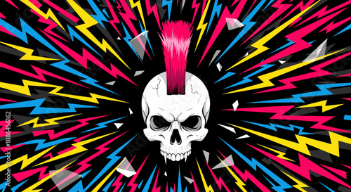 Edgy punk skull with a vibrant pink mohawk shattering a colorful lightning background, a dynamic vector illustration capturing rebellious energy