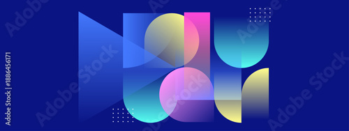 Professional dark blue background with vibrant geometric overlays including triangles and semi circles in neon gradients