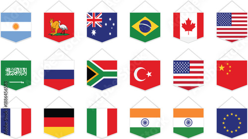 Large collection of world country pennant flags including USA, UK, Canada, Australia, France, Germany, India, and China isolated on white for international events.