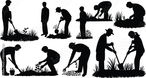 Gardeners planting and cultivating plants silhouettes, people working with soil and tools, black vector illustration isolated on white background
