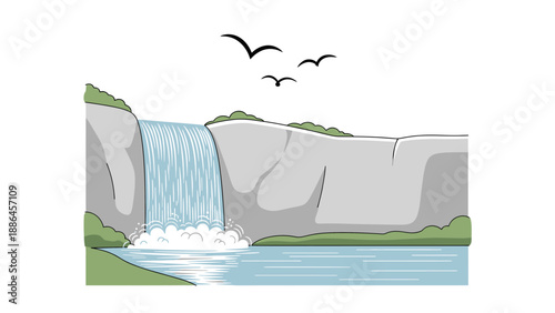 Illustration of a waterfall cascading down a rocky cliff with birds flying overhead, surrounded by lush greenery and a serene pool of water.
