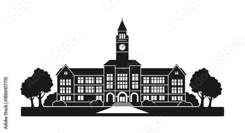 Classic University Building With Clock Tower Silhouette.