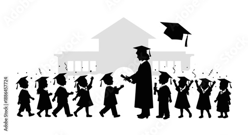 Graduation ceremony with teacher and students in silhouette.