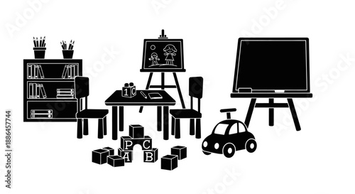 Childrens classroom with toys and learning materials.