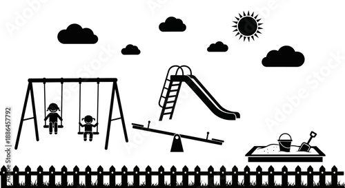 Childrens playground silhouette with swings slide and sandbox.