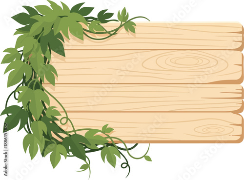 An empty wooden signboard with overgrown green ivy vines creating a natural frame, a rustic vector graphic banner element for text or design