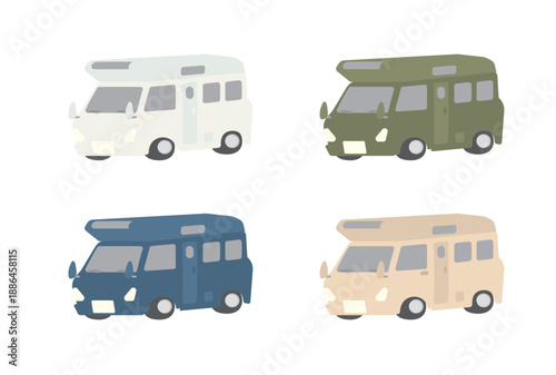 くすみカラーのキャンピングカーのイラストセット