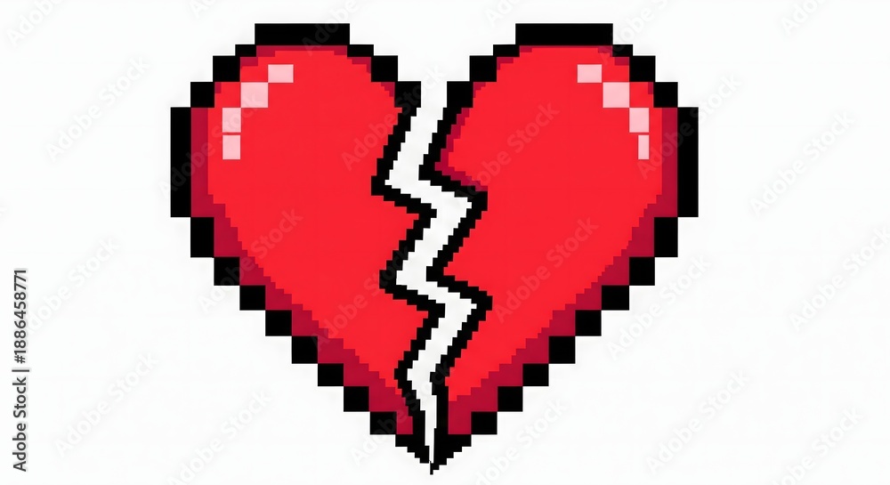 Obraz premium Broken red pixel heart icon symbolizing heartbreak, sadness, and emotional pain. Retro 8 bit style illustration suitable for games, mental health concepts, and emotional storytelling.