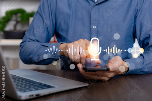 Artificial intelligence voice technology with speech recognition and audio waveform interface, showing digital communication, smart automation, and AI-driven voice control for modern technology.