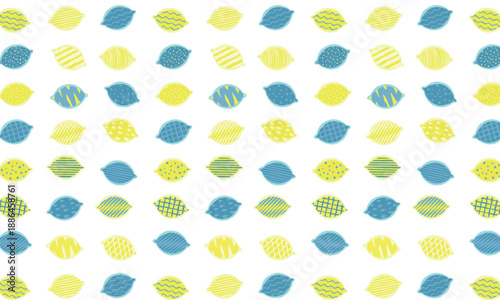 線やドット柄の色んな柄が入った北欧風の黄色と青いレモンのパターン模様