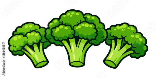 Cartoon style broccoli set featuring three fresh florets for healthy eating and cooking concepts