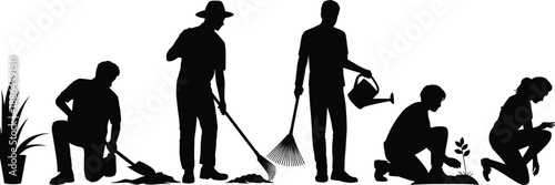 Gardening people silhouettes, planting and watering plants, raking soil, outdoor garden work activities, eco friendly lifestyle, nature care, sustainable living, black vector illustration set
