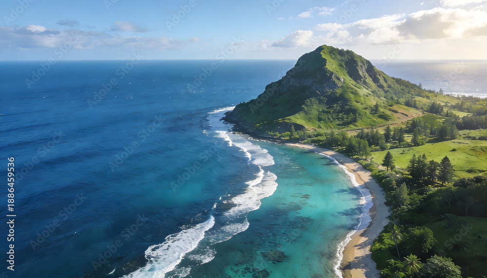 Fototapeta premium Tropical Island Coastline with Turquoise Ocean and Lush Green Hills