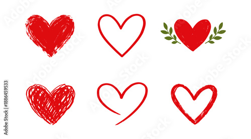 Hand drawn heart set featuring brush stroke and line art styles for love and romance designs