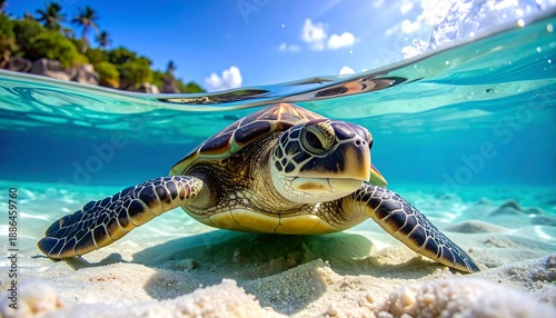 Underwater scene of a majestic sea turtle swimming over a sandy seabed in clear turquoise ocean water with a tropical island in the background