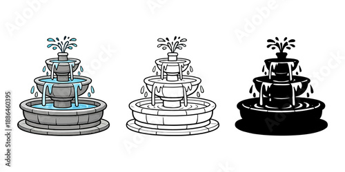 Hand drawn cartoon style fountain set featuring a tiered garden fountain with water flowing in different artistic styles for outdoor decoration
