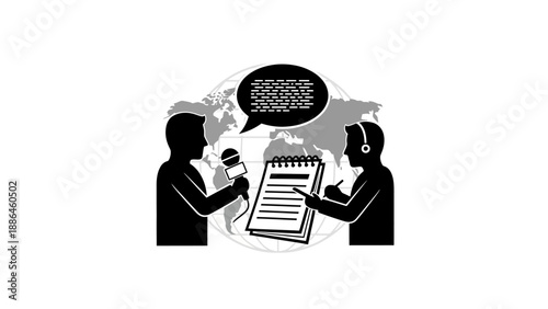 Journalist interviewing subject with microphone and notepad.