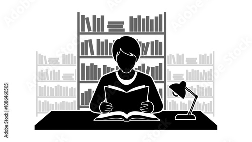 Person reading a book at a desk with a lamp and bookshelves.