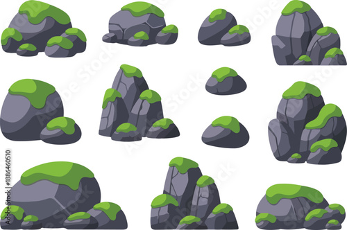Cartoon stone and rock collection with green moss, isolated vector graphic elements for nature scenes and game design