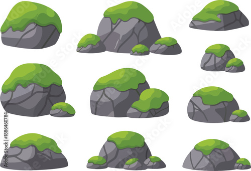 A charming collection of illustrated cartoon rocks covered in lush green moss, ideal for creating natural landscapes in games or animations