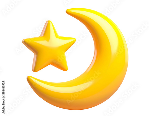Glossy, golden crescent moon and five-pointed star on a stark black background