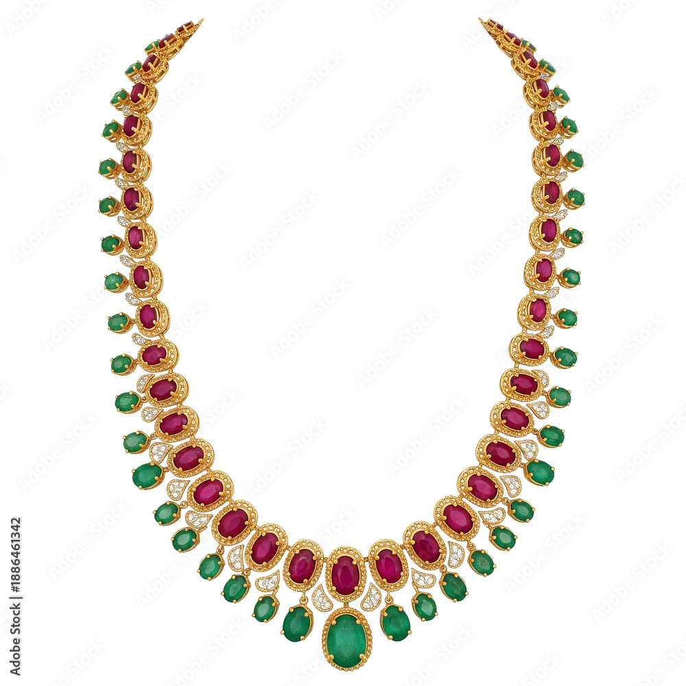 Fototapeta premium Elegant Traditional Jewelry Necklace with Emerald and Ruby Stones for Ramadan and Eid