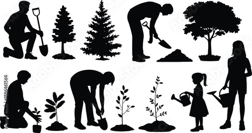Gardening silhouettes, people planting trees, digging soil, watering plants, family gardening activities, nature care, environmental protection, outdoor work, black vector illustration set