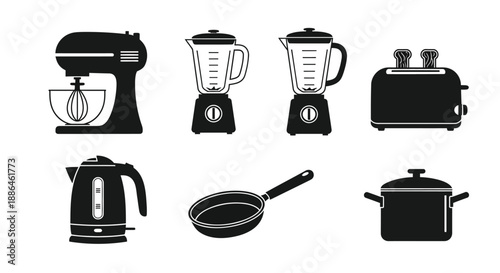 Kitchen Cooking Appliances and Cookware Icons Vector Set