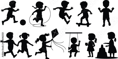 Kids playing silhouettes, children outdoor activities, jumping rope, running, flying kite, swing and sandbox fun, childhood lifestyle, black vector illustration set