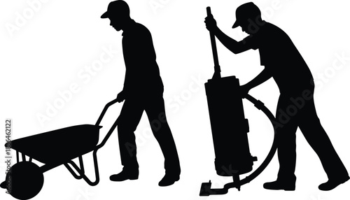 Industrial workers silhouettes using wheelbarrow and vacuum equipment, manual labor and cleaning tasks, black vector illustration for construction, maintenance and industrial service concepts