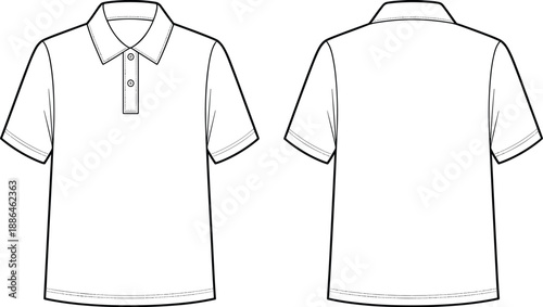 Men polo shirt technical drawing, front and back view outline, apparel CAD flat vector illustration, fashion design template