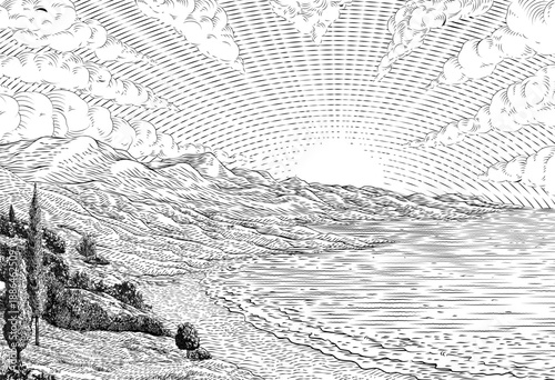 A bay or cove coast coastline beach and cliffs with a sun rising over the sea horizon surrounded by mountains landscape background. Original illustration in a vintage retro woodcut style.