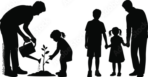 Parents and children planting tree silhouette vector illustration, family gardening activity, environmental awareness, eco friendly lifestyle, nature conservation concept for education