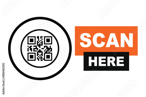 Minimalist QR code scan icon with bold "SCAN HERE" text in orange and black blocks. Clean vector sign for digital access, contactless menus, and mobile payments on a white background.