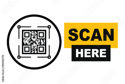 Minimalist QR code scan icon with bold "SCAN HERE" text in yellow and black blocks. Clean vector sign for digital access, contactless menus, and mobile payments on a white background.