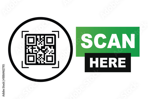 Minimalist QR code scan icon with bold "SCAN HERE" text in green and black blocks. Clean vector sign for digital access, contactless menus, and mobile payments on a white background.