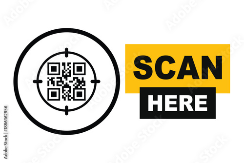 Minimalist QR code scan icon with bold "SCAN HERE" text in yellow and black blocks. Clean vector sign for digital access, contactless menus, and mobile payments on a white background.