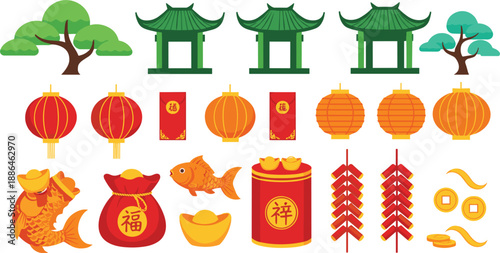 Decorative Chinese New Year icon set featuring red lanterns, lucky money envelopes, gold sycee, firecrackers, and traditional architecture for spring festival.