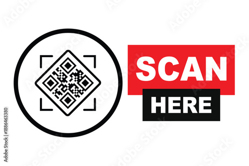 Minimalist QR code scan icon with bold "SCAN HERE" text in RED and black blocks. Clean vector sign for digital access, contactless menus, and mobile payments on a white background.