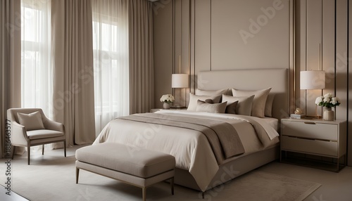 Bedroom with king bed, luxury interior, hotel style, neutral tones, ambient lighting