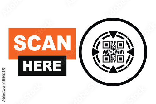 Minimalist QR code scan icon with bold "SCAN HERE" text in orange and black blocks. Clean vector sign for digital access, contactless menus, and mobile payments on a white background.